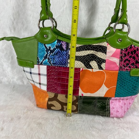Fashion Handbag Multi Color Block style Bright Green Trim Jacquard - Picture 5 of 14